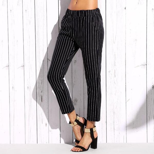 

Vertical Striped Elastic Waist Pants, Black and white