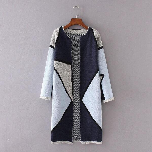 

Blue Color Block Collarless Long Cardigan
