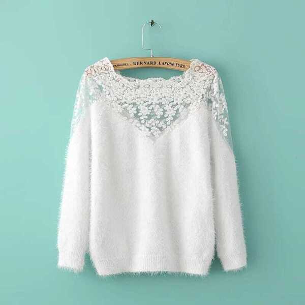 

Lace Insert Boat Neck Mohair Sweater