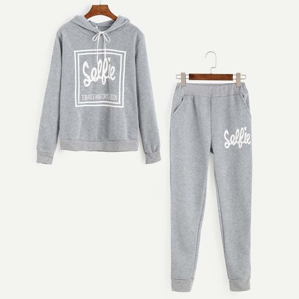 

Letter Print Drawstring Hooded Tracksuit