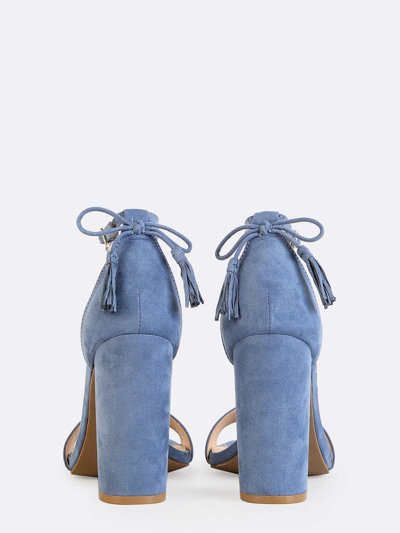 Tassel Bow Tie Suede Chunky Heels BLUE SheIn(Sheinside)
