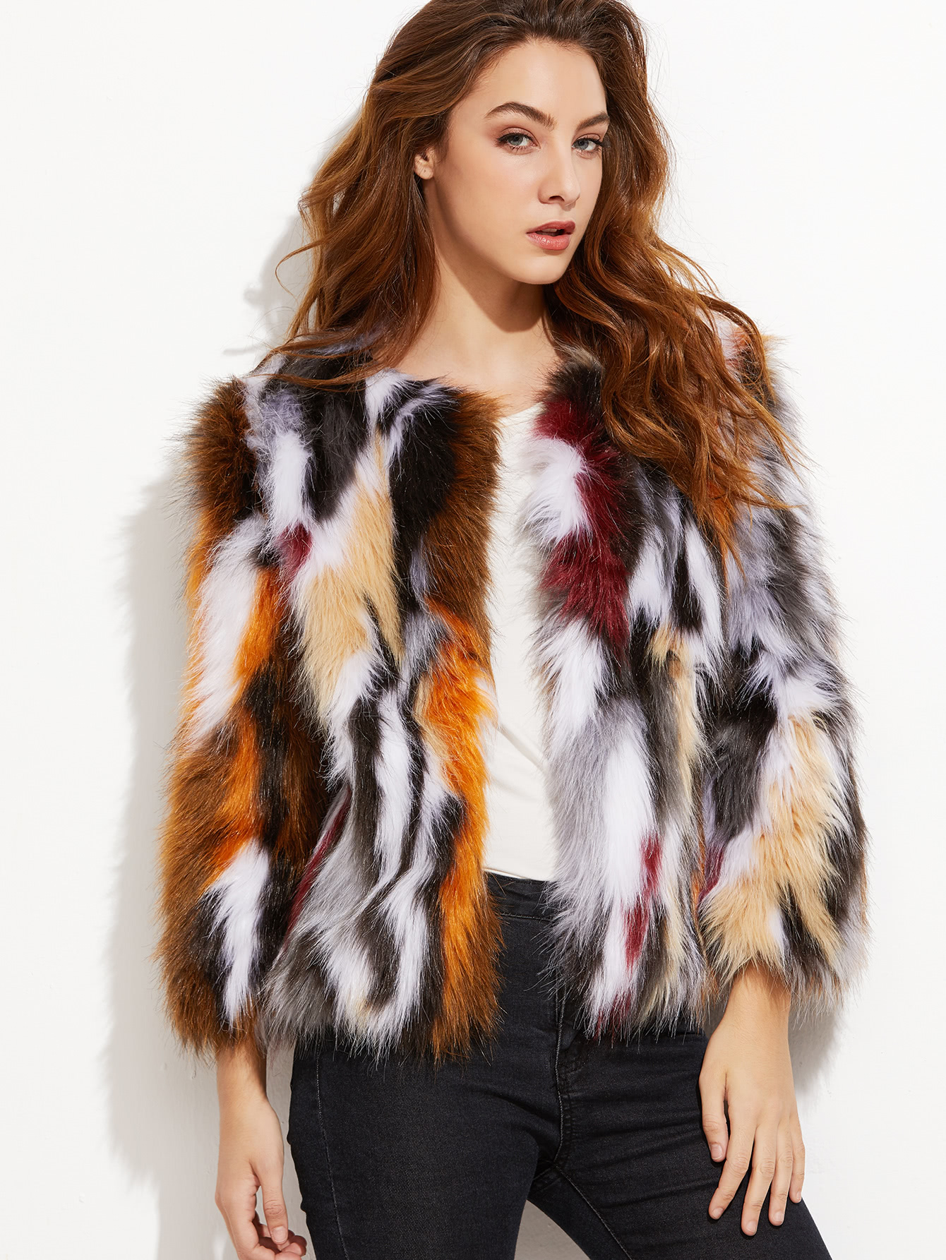 Multicolor Open Front Faux Fur Coat