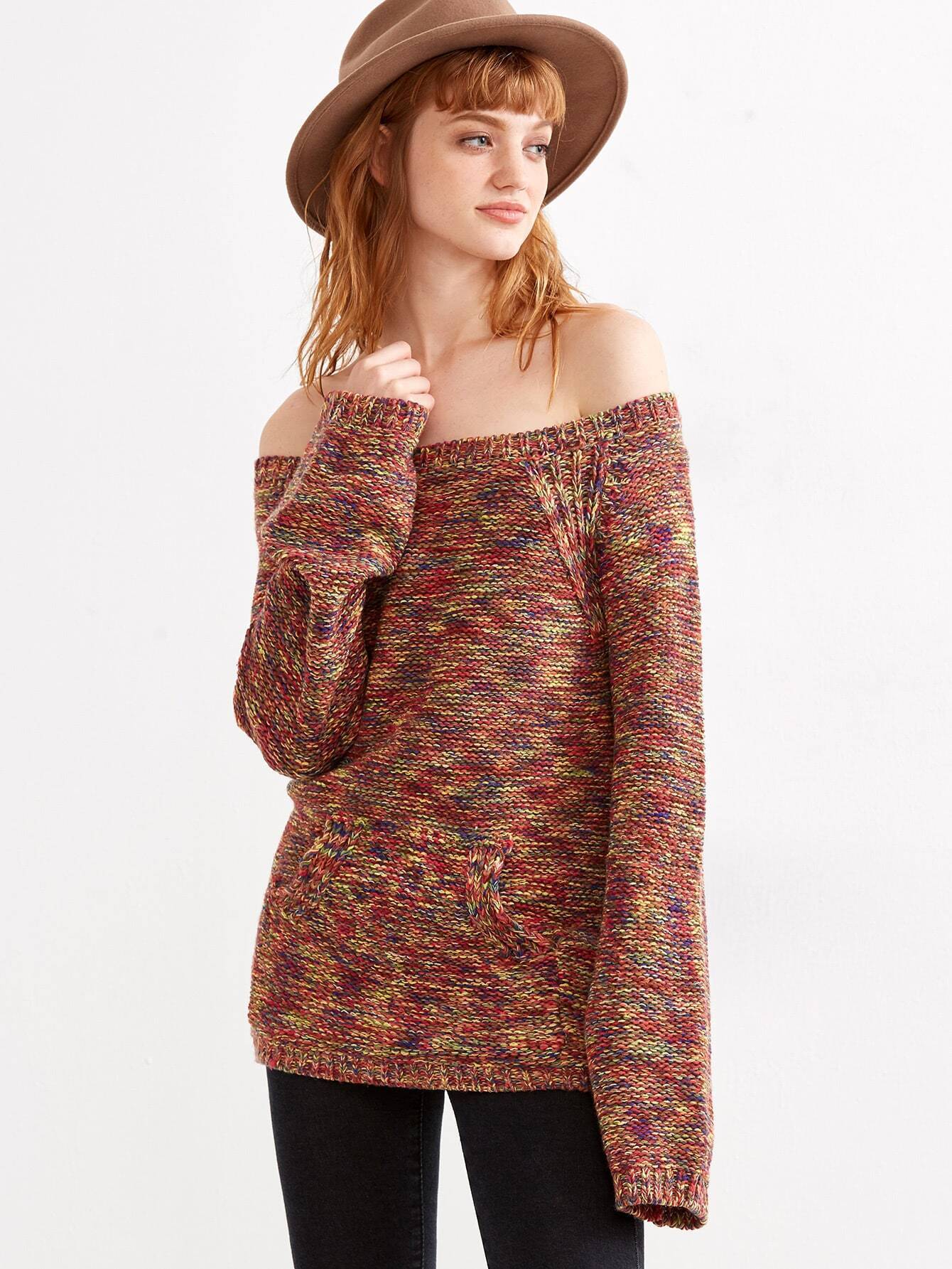 Multicolor Marled Knit Off The Shoulder Sweater -SheIn(Sheinside)