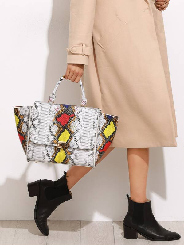 Multicolor Snakeskin Leather Flap Handbag With Strap