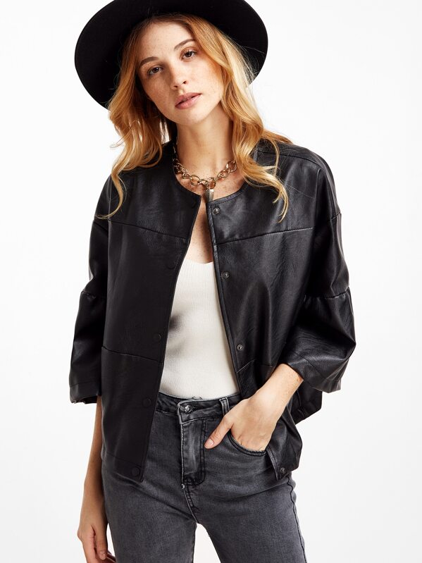 Black Bell Sleeve Faux Leather Jacket Shein Uk