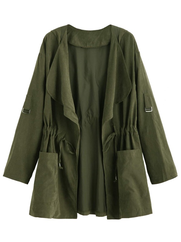 

Olive Green Drape Collar Drawstring Waist Coat, Army green