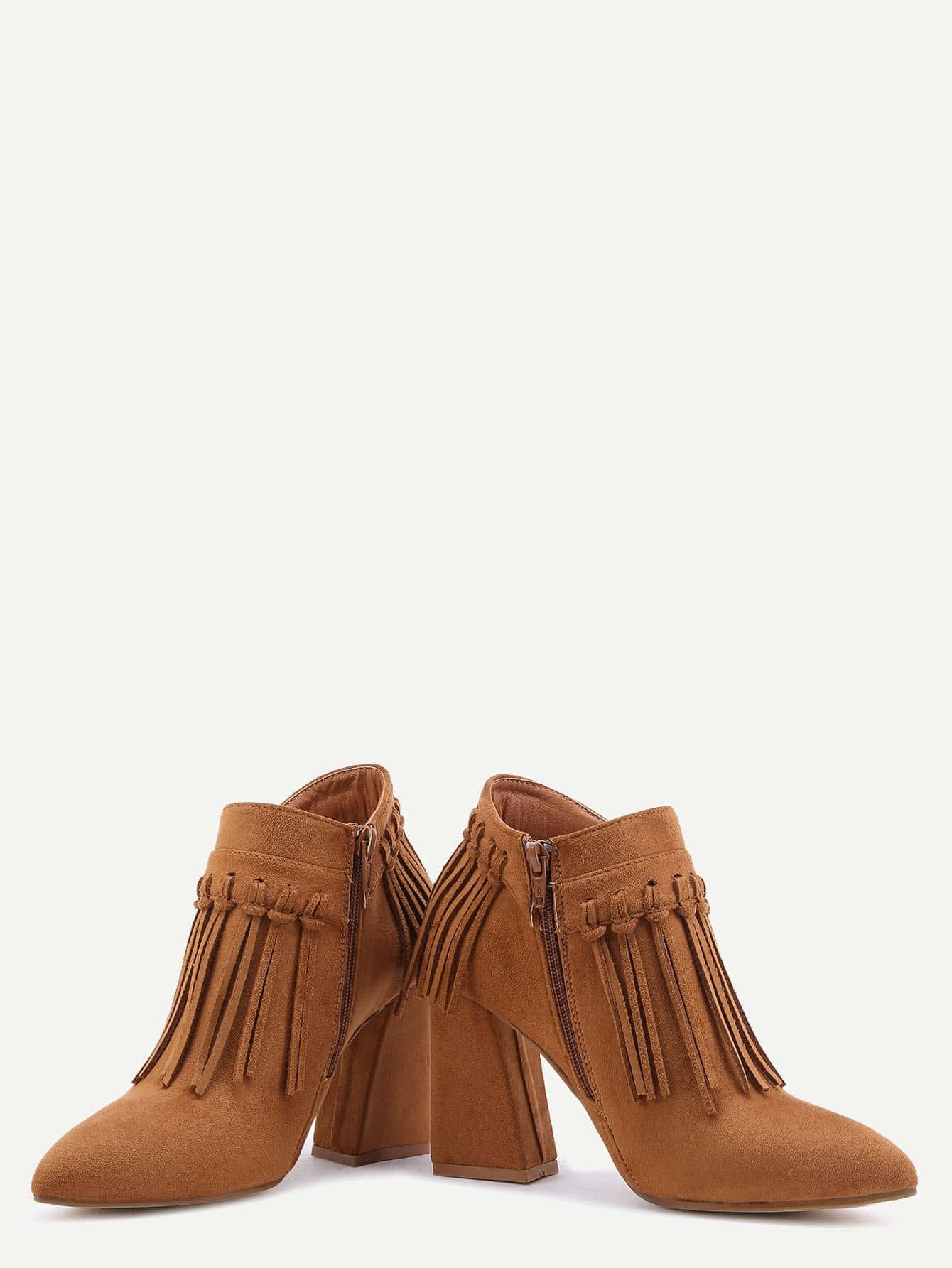 brown faux suede tassel fringe chunky heel ankle boots