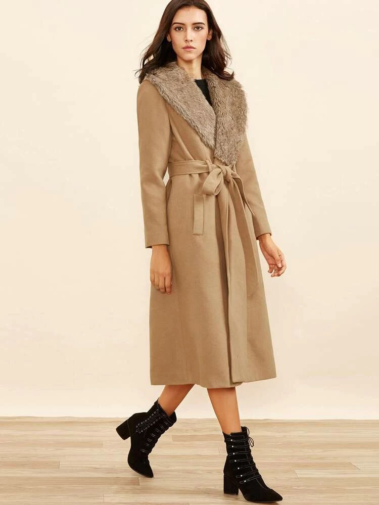 camel faux fur trim coat