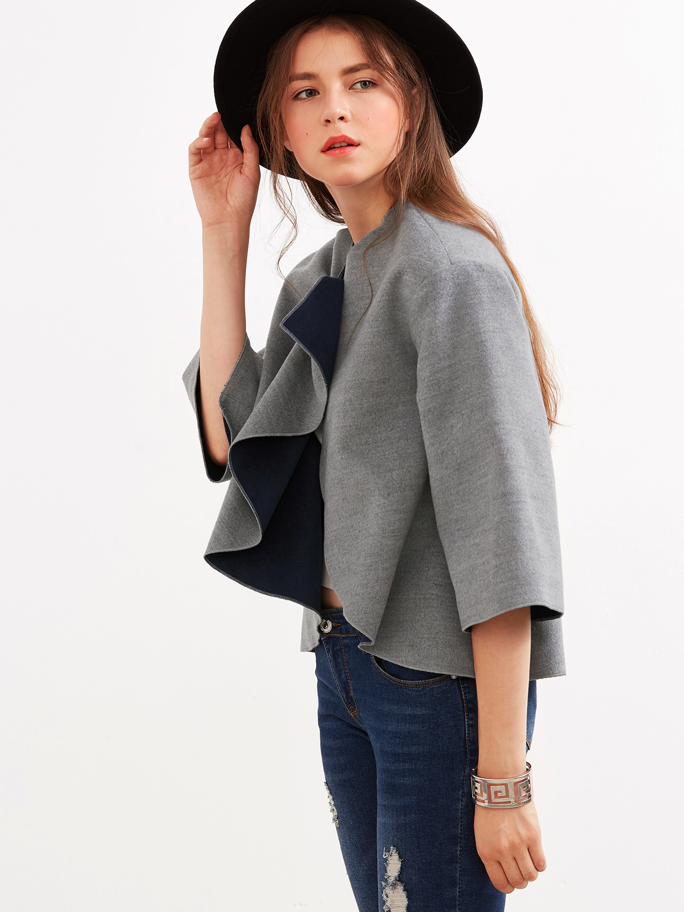 Women S Jackets Las Leather Jacket Us Shein Sheinside Grey Knotted Collar Kimono Sleeve Double Face Coat