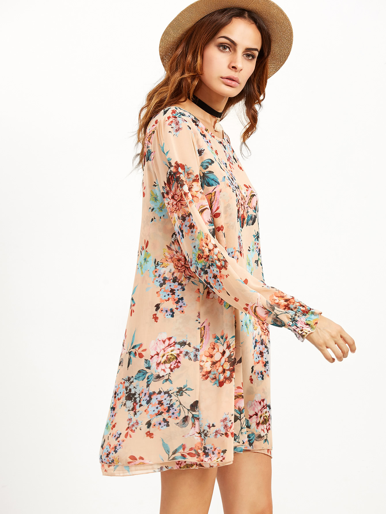 Pink Flower Print Shirred Cuff Tunic Dress SheIn(Sheinside)
