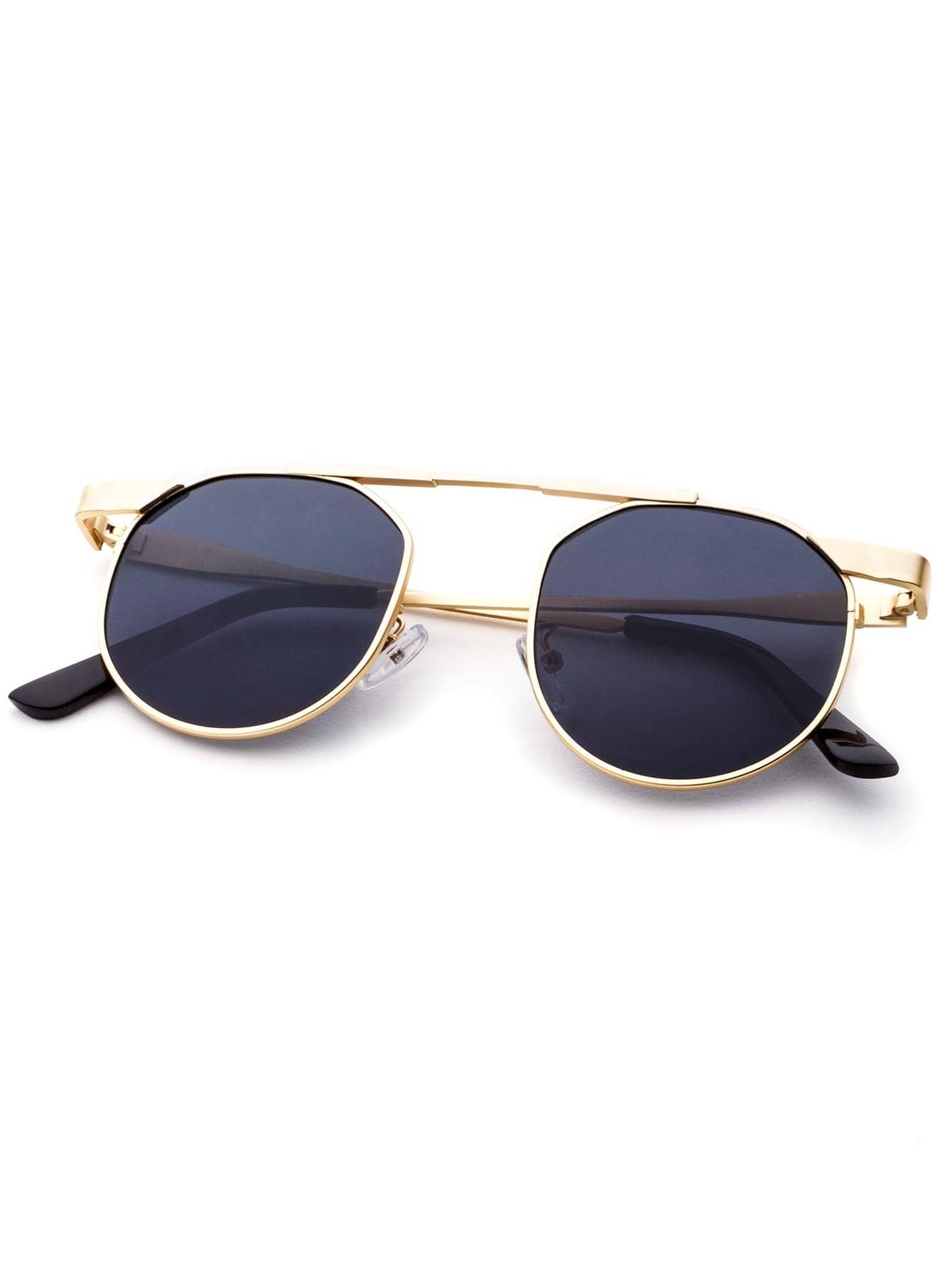 Gold Frame Round Lens Brow Bar Sunglasses -SheIn(Sheinside)