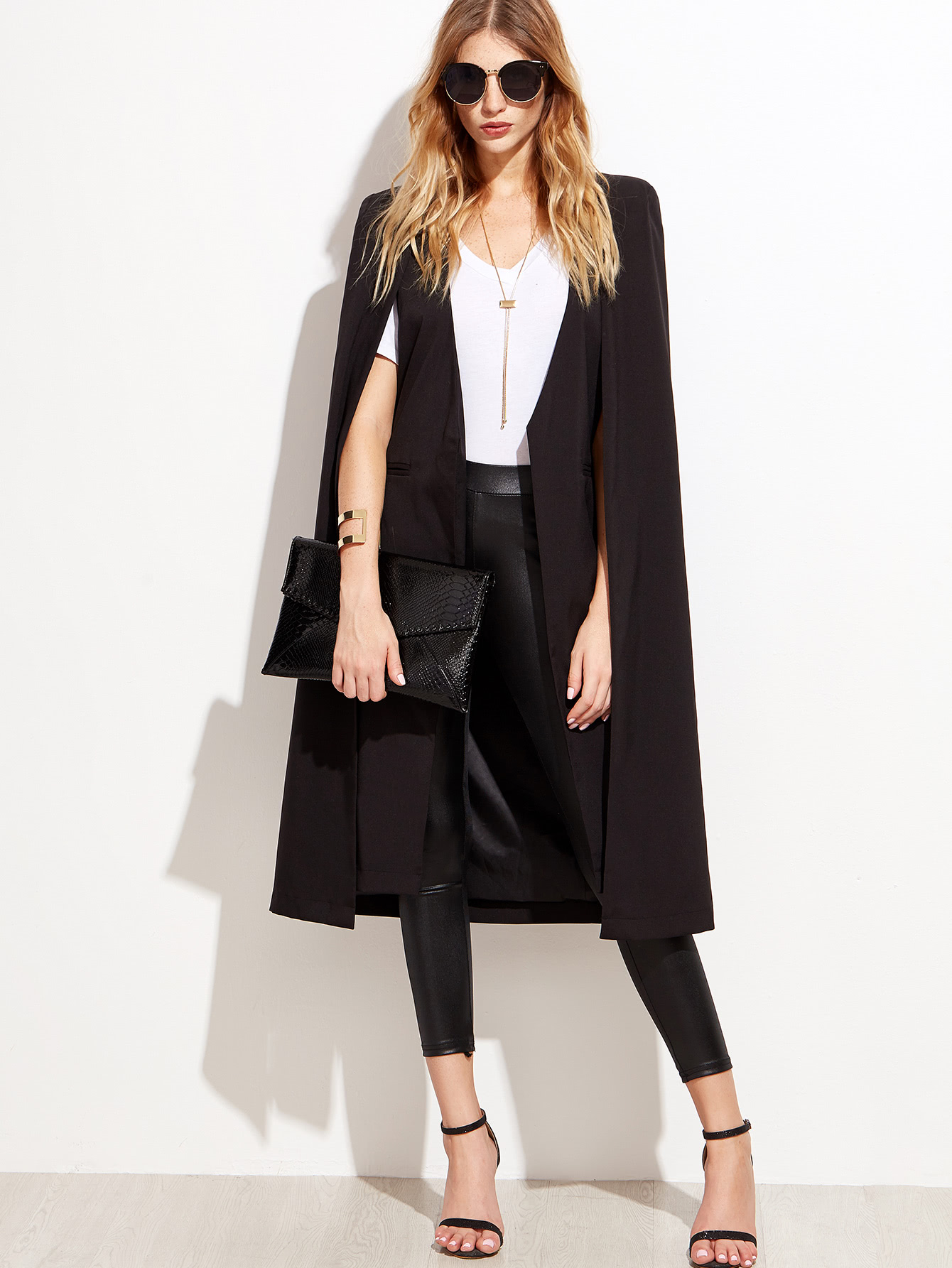 Black Open Front Longline Cape Blazer