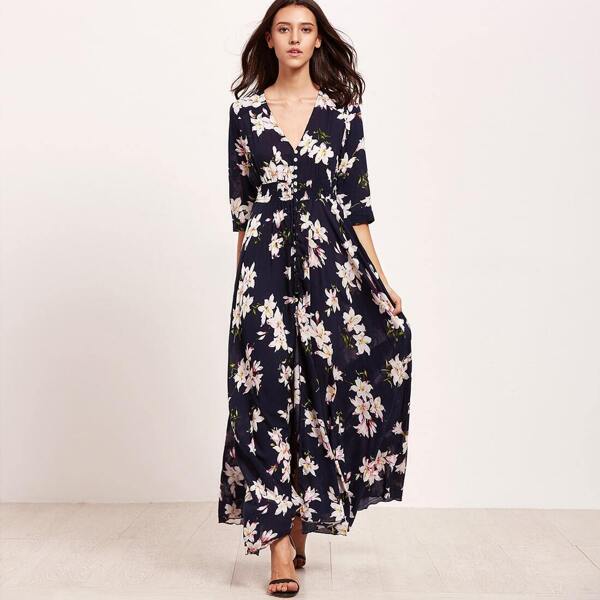 

Navy Floral Print V Neck Drawstring Button Dress, Navy blue
