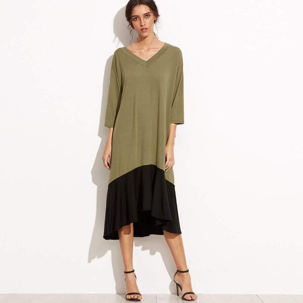 

Color Block V Neck High Low Shift Dress