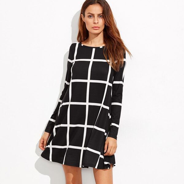 

Grid Print Swing Dress, Black and white