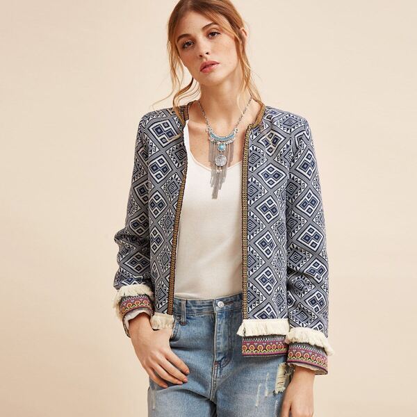 

Fringe Trim Tribal Jacket With Embroidered Tape, Multicolor