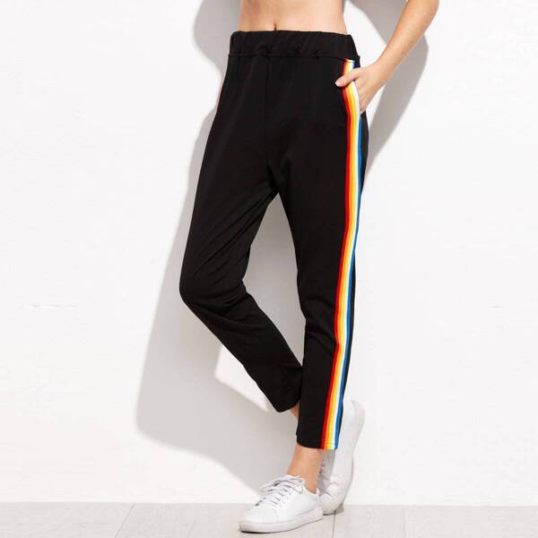 

Contrast Rainbow Stripe Pants, Black