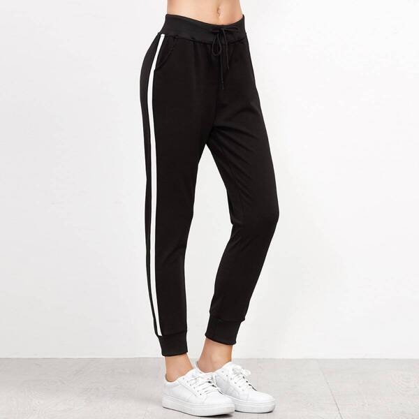 

Striped Side Drawstring Pants, Black