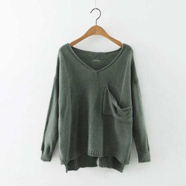 

Drop Shoulder Dip Hem Pullover Sweater With Pocket, Green