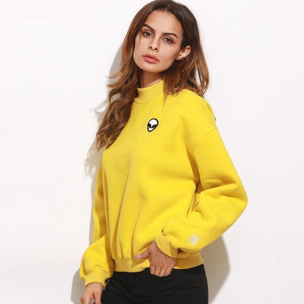 

Mock Neck Drop Shoulder Embroidered Sweatshirt, Yellow bright