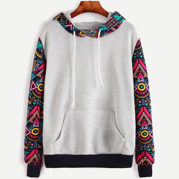 

Contrast Sleeve And Hooded Sweatshirt With Kangaroo Pocket
