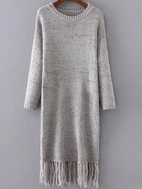 Grey Drop Shoulder Fringe Hem Knit Dress