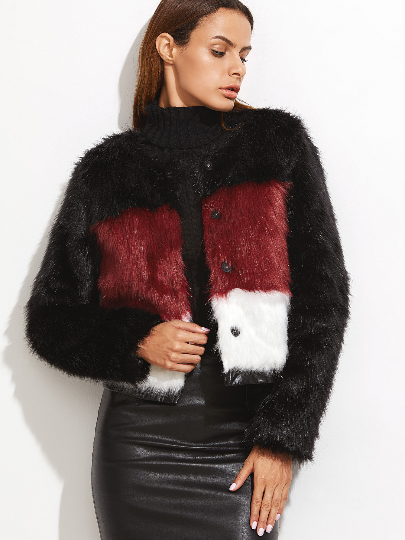 Color Block Hidden Button Faux Fur Coat