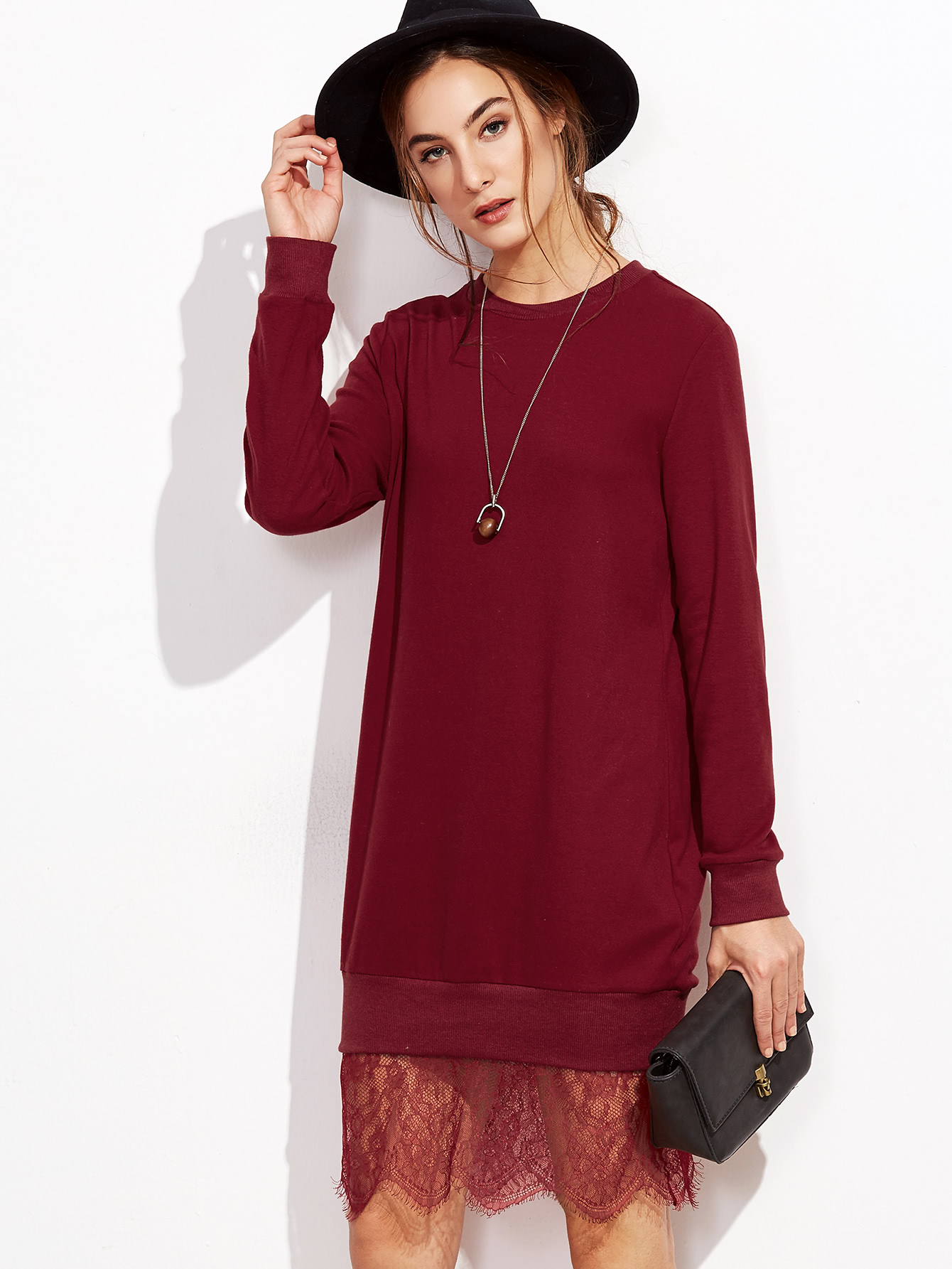 Burgundy Lace Trim Sweatshirt Dress