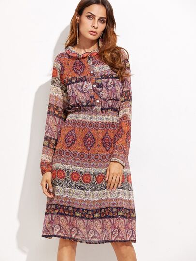 Mousseline Imprimé Soie De Paisley Robe Chemise En Taille Élastique BoxrCdeW