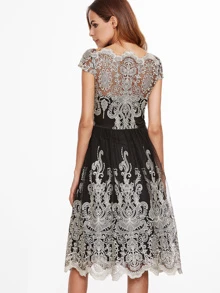 SHEIN Contrast Fit And Flare Embroidered Mesh Dress