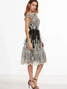 SHEIN Contrast Fit And Flare Embroidered Mesh Dress