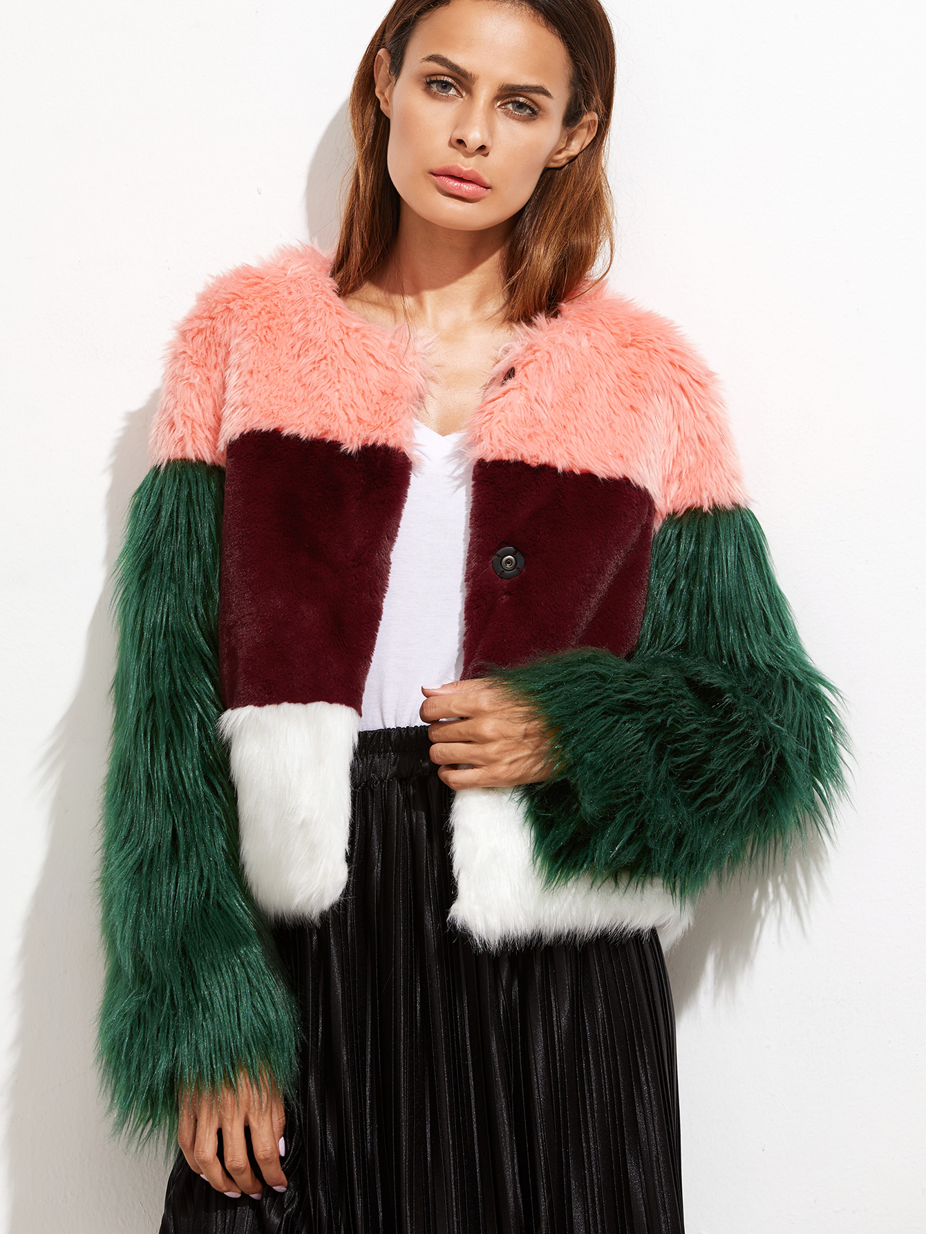 Color Block Hidden Button Faux Fur Coat