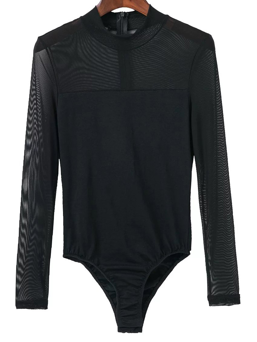 Black Mesh Crew Neck Zipper Bodysuit