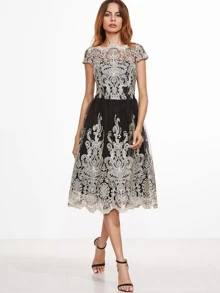 SHEIN Contrast Fit And Flare Embroidered Mesh Dress