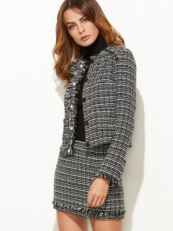 Tweed Jacke mit Rock schwarz und weiß | aktuelle Trends Tweed Jacke mit Rock schwarz und weiß | aktuelle Trends