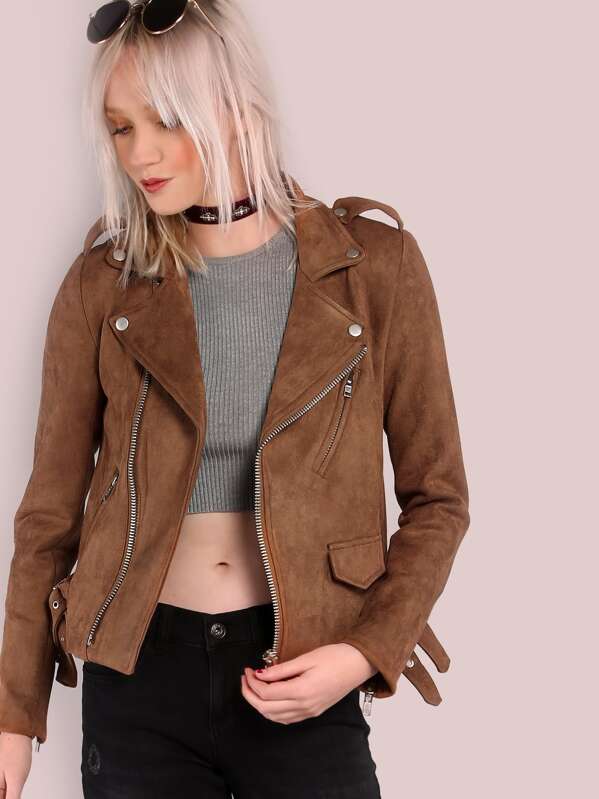 Faux Suede Biker Jacket Brown