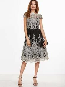 SHEIN Contrast Fit And Flare Embroidered Mesh Dress