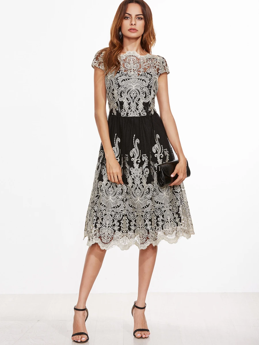 SHEIN Contrast Fit And Flare Embroidered Mesh Dress