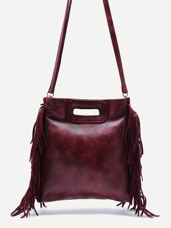 Maroon Faux Leather Fringe Tassel Crossbody Bag