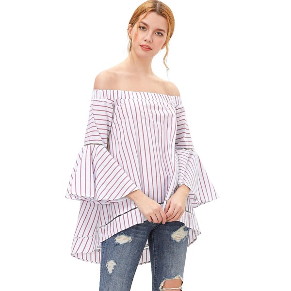 

Contrast Striped Off The Shoulder Bell Sleeve Blouse