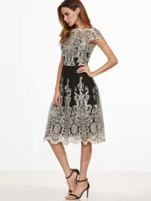 SHEIN Contrast Fit And Flare Embroidered Mesh Dress