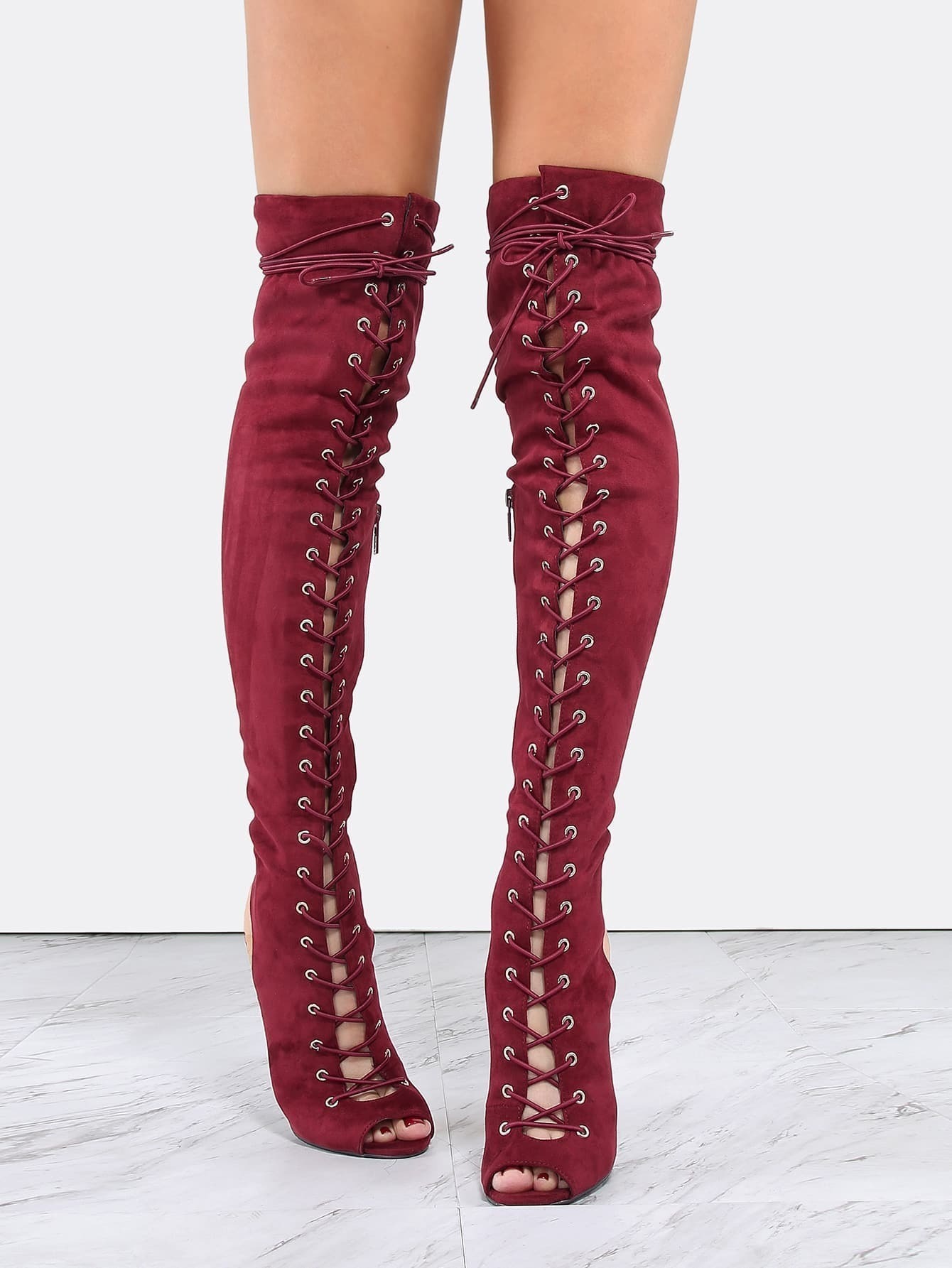 peep toe thigh boots lace up peep toe thigh boots wine shein sheinside peep toe thigh boots lace up peep toe thigh boots wine shein sheinside