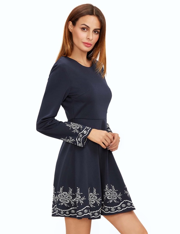 Royal Blue Embroidered Long Sleeve Flare Dress Shein Sheinside