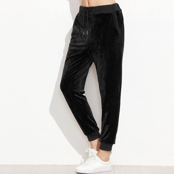 

Black Drawstring Ribbed Trim Velvet Pants