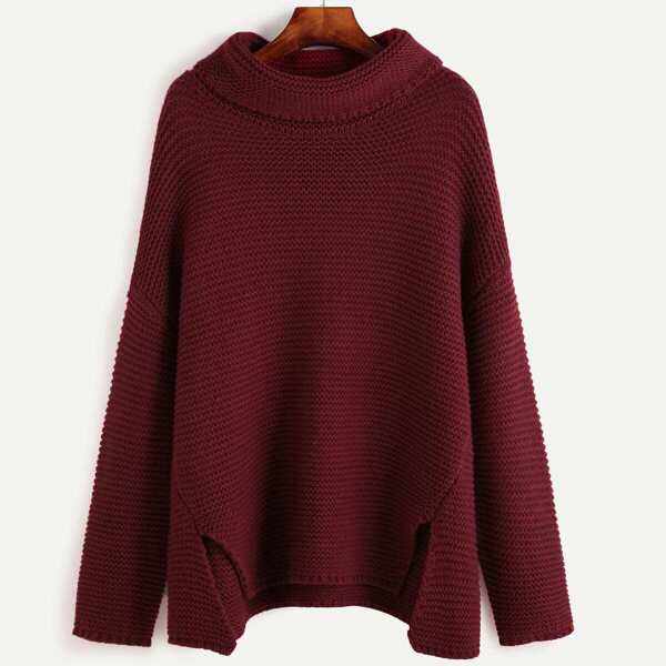

Red Turtleneck Drop Shoulder Slit Front Sweater