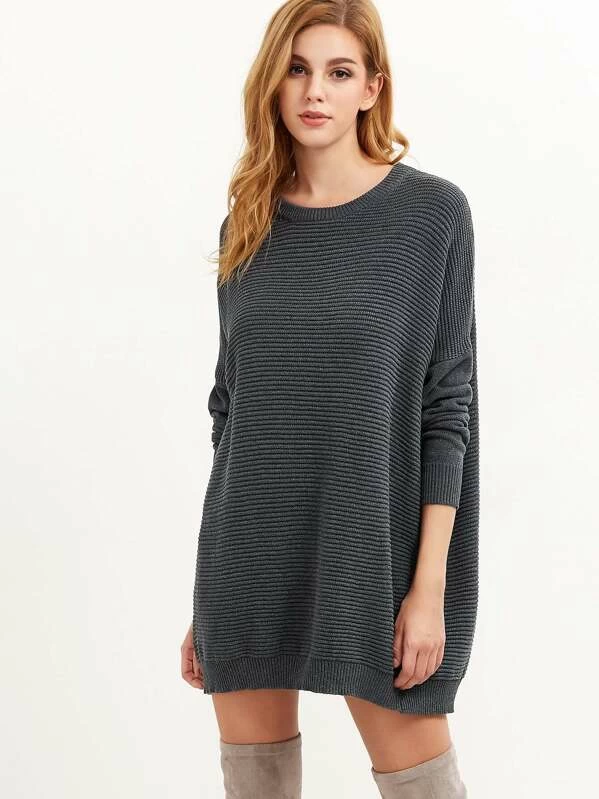 Grey Ribbed Knit Drop Shoulder Oversized Sweater Grey Ribbed Knit Drop Shoulder Oversized Sweater