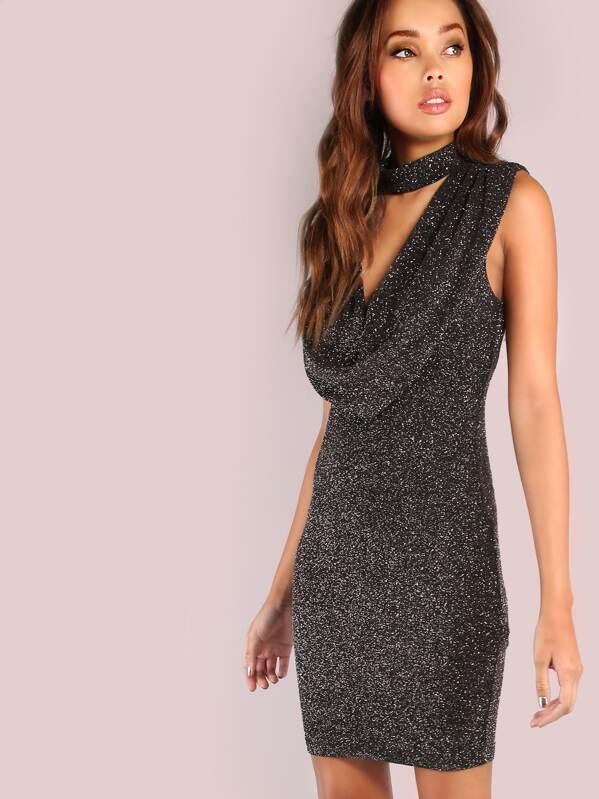 Plunging Drape Choker Neck Glitter Sparkle Dress Black Shein Sheinside