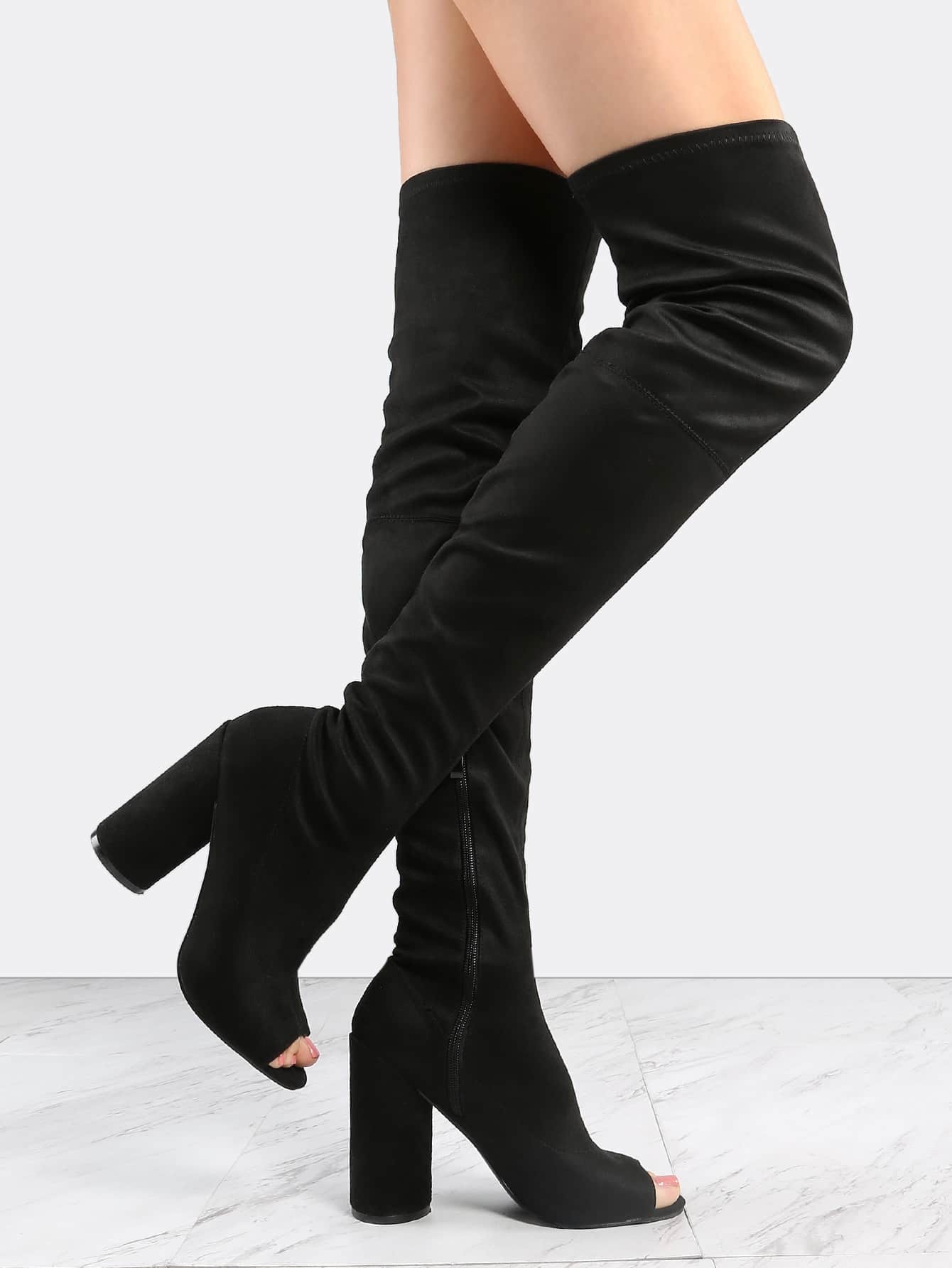 peep toe thigh boots peep toe chunky heel thigh boots black shein sheinside peep toe thigh boots peep toe chunky heel thigh boots black shein sheinside