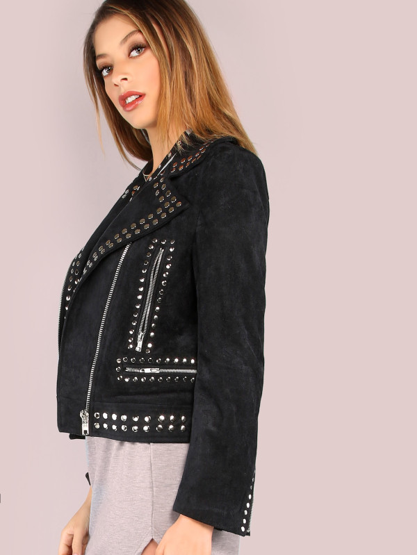 Faux Leather Studded Biker Jacket Black Shein Sheinside
