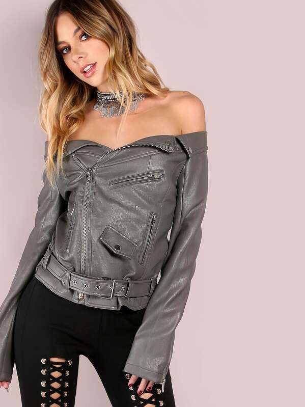 Purple Faux Leather Off The Shoulder Belted Hem Biker Jacket Shein Shein Purple Faux Leather Off The Shoulder Belted Hem Biker Jacket